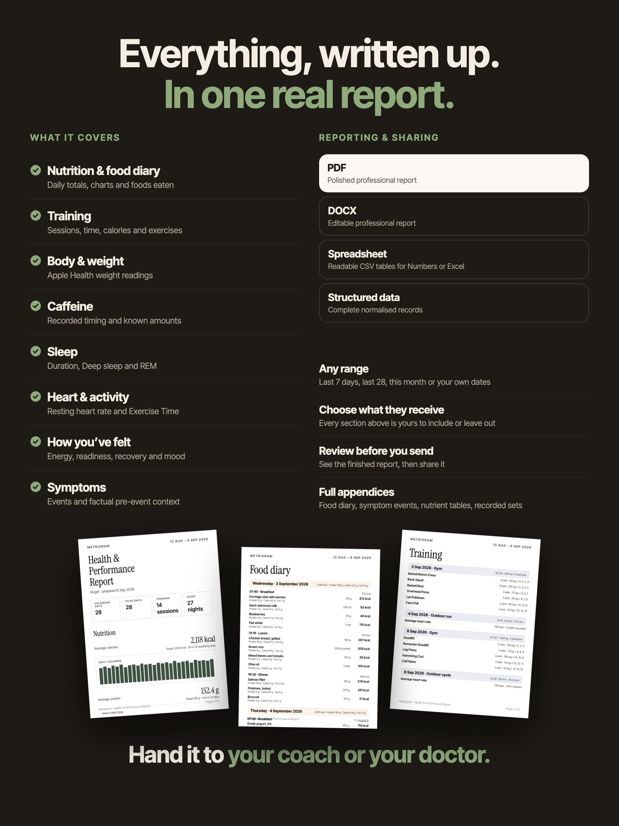 Metrigram Report example showing nutrition, food diary and training pages, with a choice of report sections and sharing formats