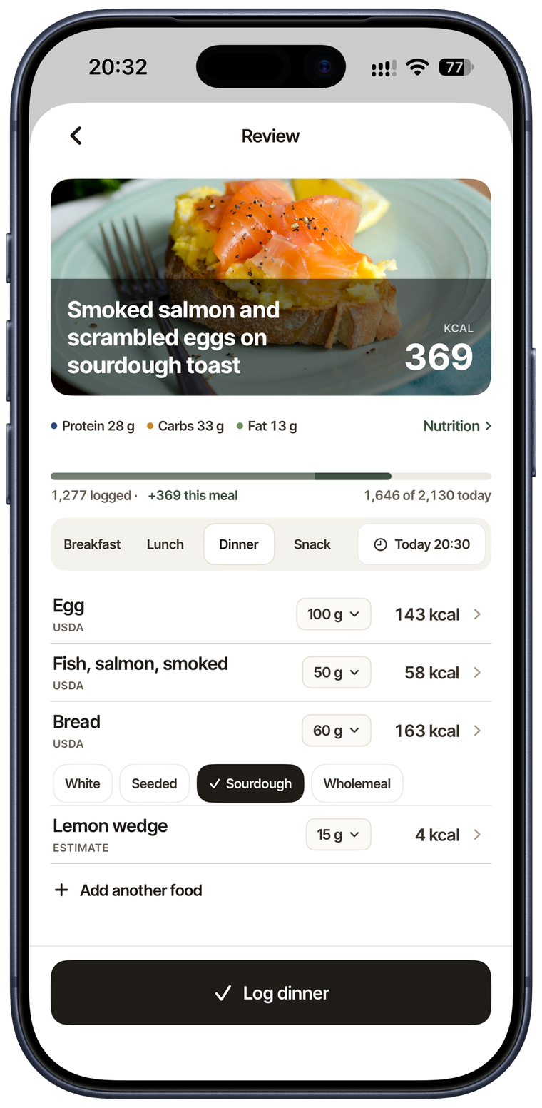 Metrigram Review on iPhone, showing the same salmon meal with editable foods and serving amounts