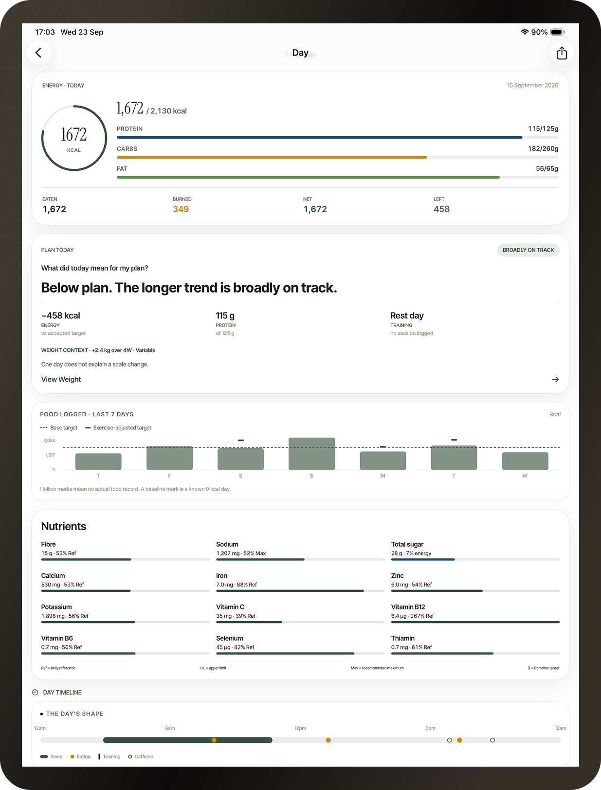 Metrigram daily report on iPad showing energy, macros, nutrition, plan context and the day's timeline