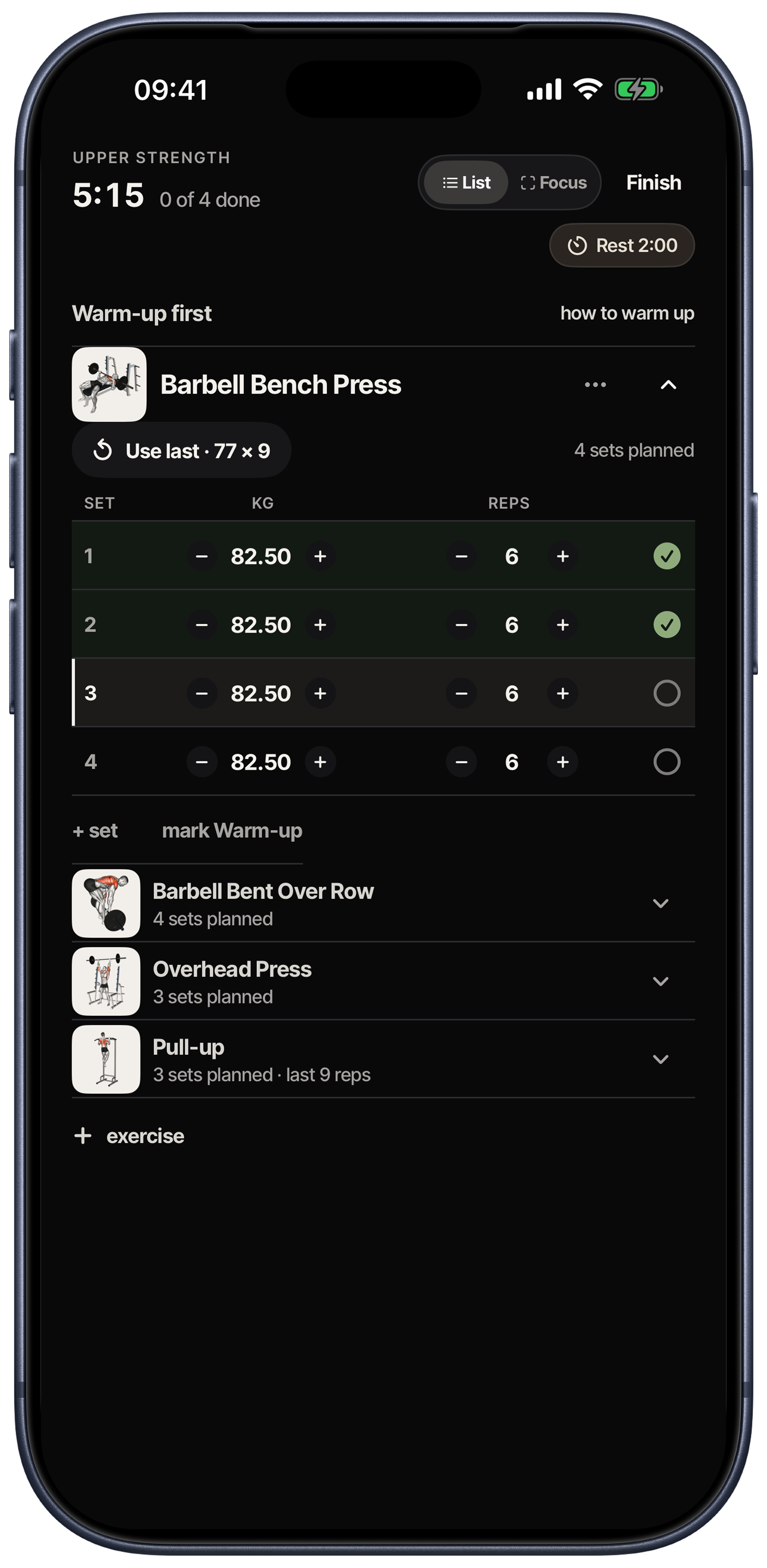 Metrigram guided workout on iPhone with exercise guidance, recorded weights and repetitions, rest timer and completed sets
