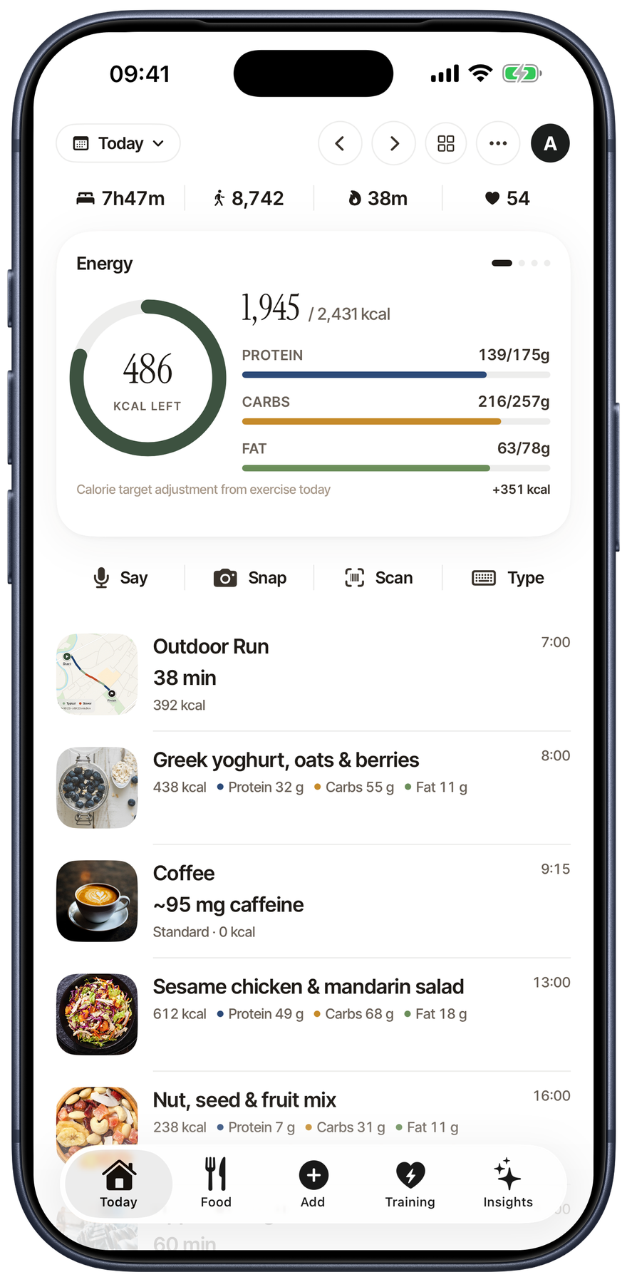 Metrigram List Home on iPhone in light mode, showing daily progress, upcoming meals and training