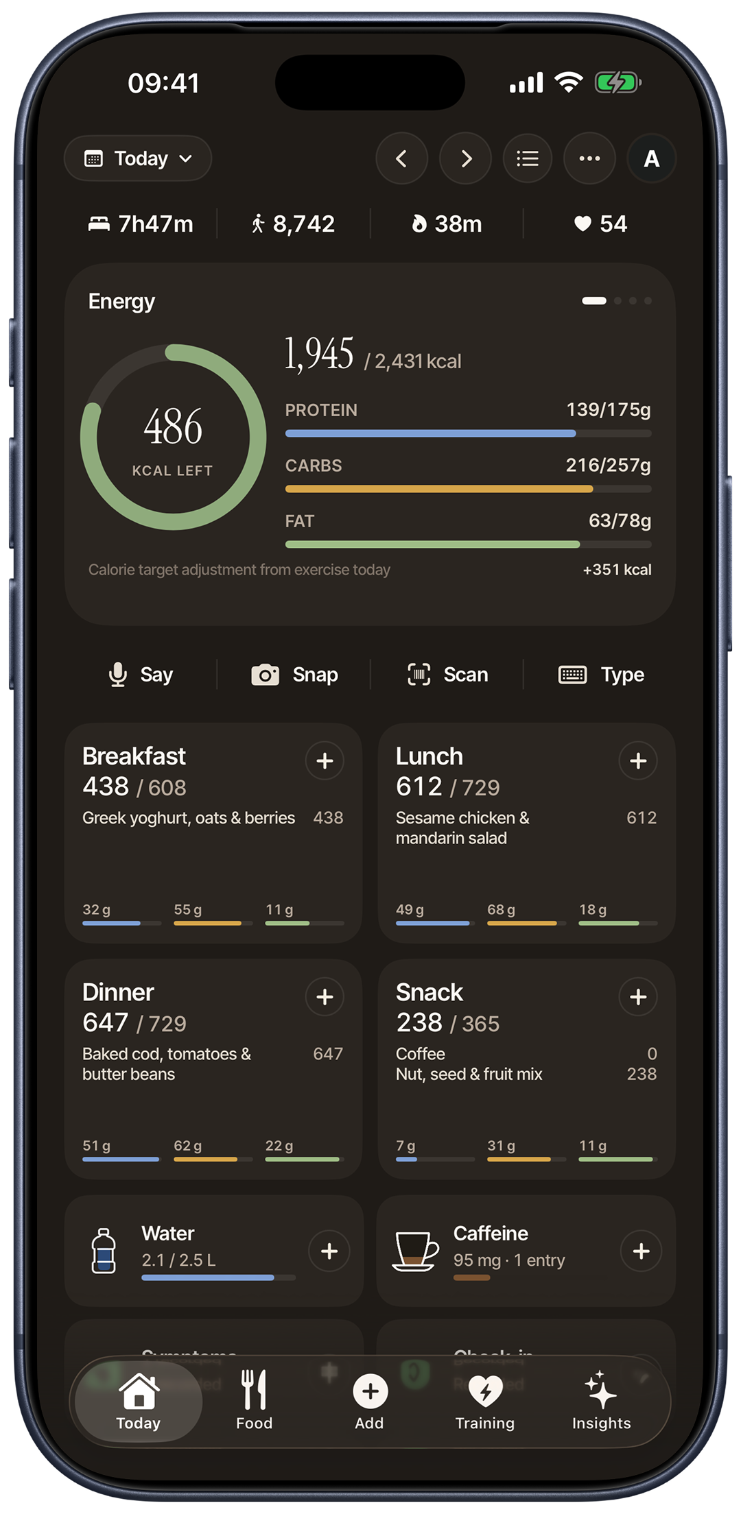 Metrigram Meal Home on iPhone in dark mode, showing energy and macros, meal cards and quick logging actions