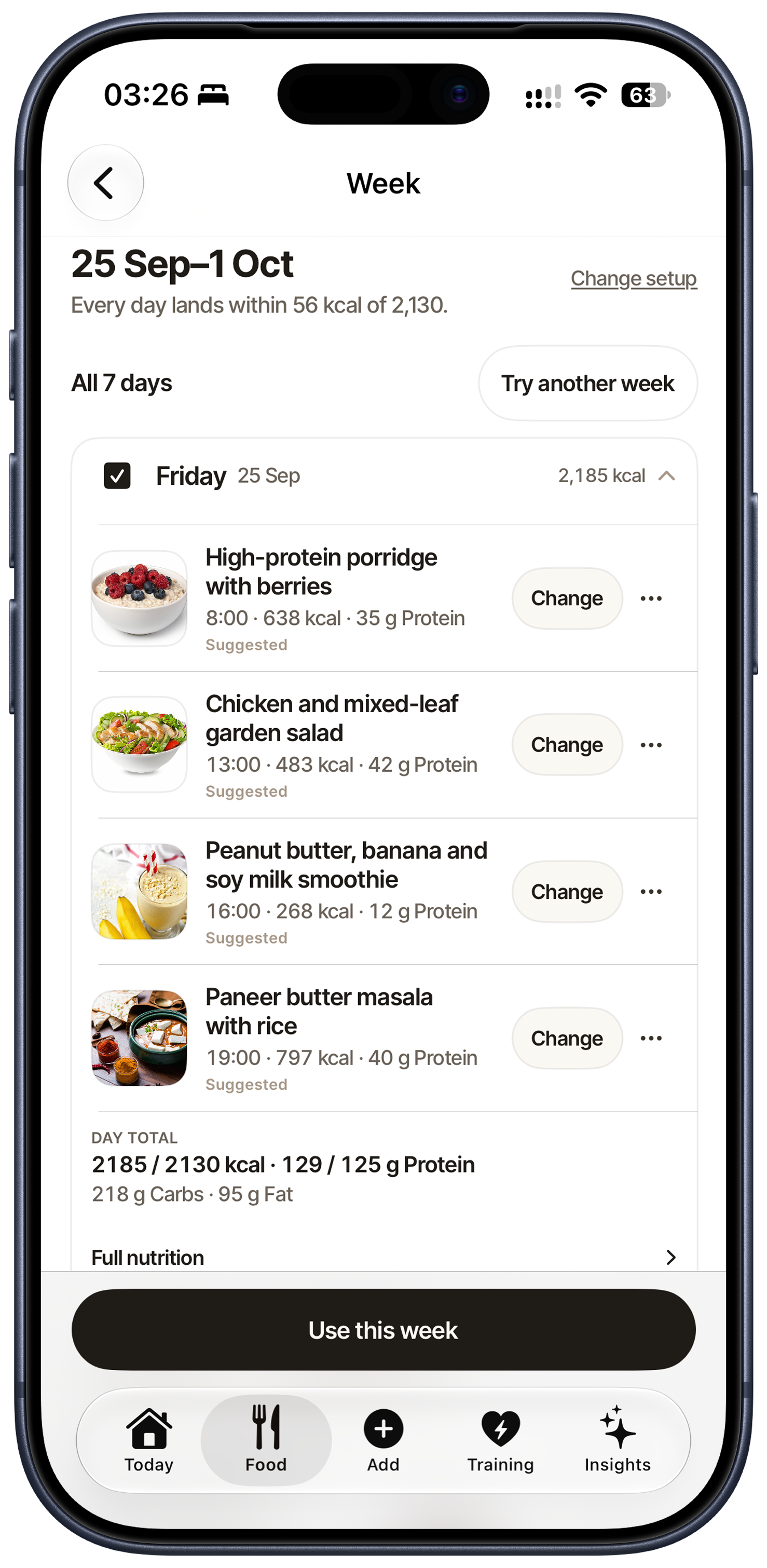 Metrigram meal week on iPhone with suggested meals, editable choices, daily calories and macro totals