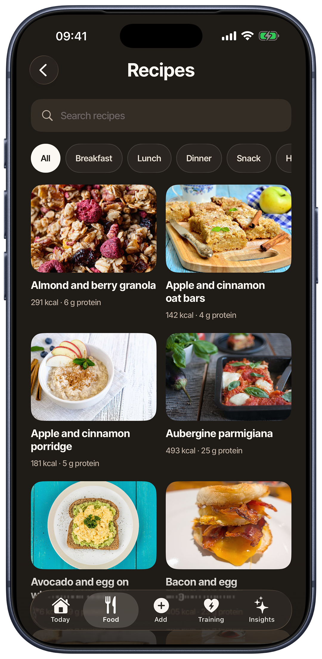 Metrigram Recipes on iPhone in dark mode, with meal categories, recipe photographs, calories and protein per serving