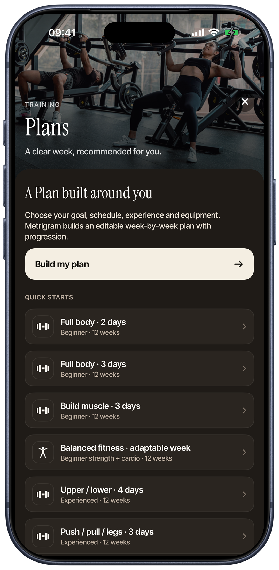 Metrigram Training Plans on iPhone, with a personalised plan builder and quick starts for strength and balanced fitness