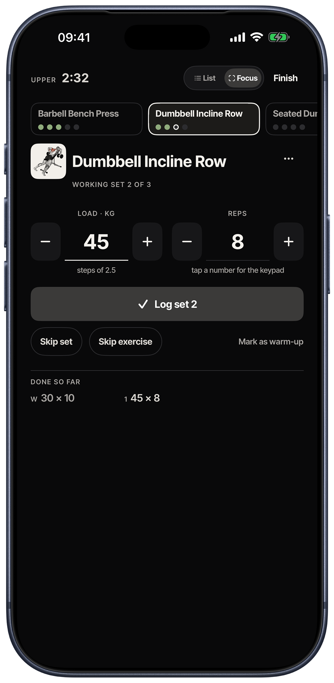 Metrigram workout Focus mode on iPhone, showing the current exercise, working set, weight, repetitions and Log set action